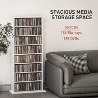 Scaffale Porta CD con 6 Ripiani Regolabili, Capacità di 360 CD/185 DVD, 58x24x124.5 cm, Bianco