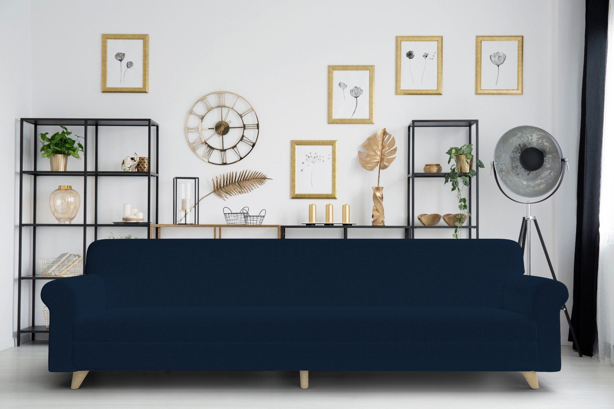 Copridivano Elasticizzato 4 Posti in Poliestere Blu Scuro