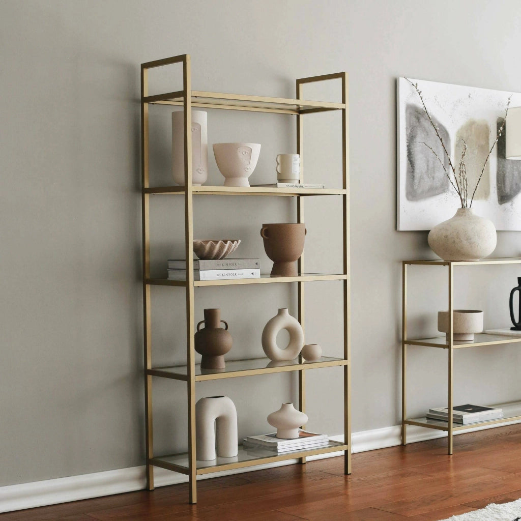 Libreria Stratonice, Scaffale da ufficio, Mobile portalibri, Biblioteca, 80x30h165 cm, Oro