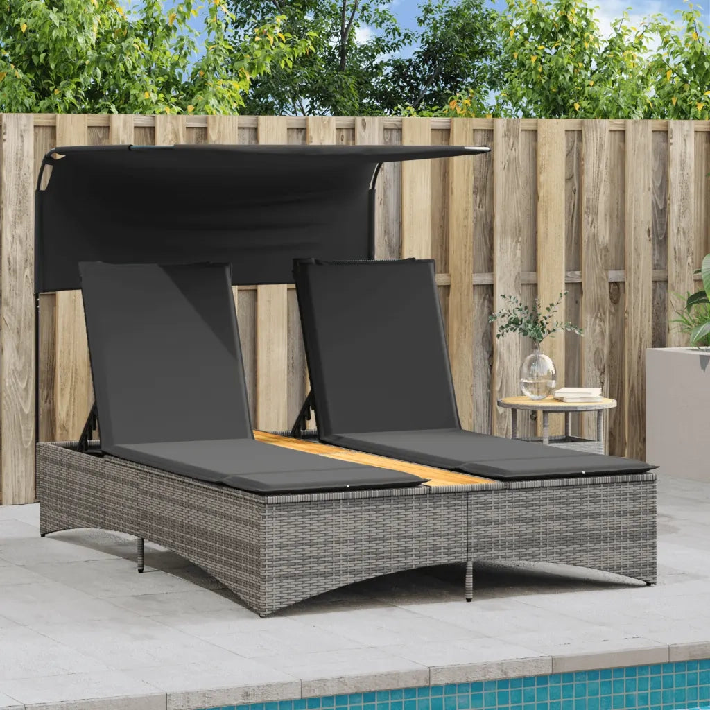 Lettino Doppio con Baldacchino e Cuscini Grigio in Polyrattan 365622