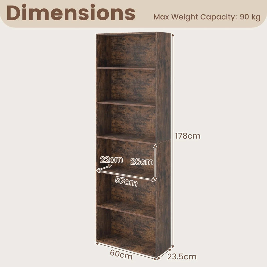 Libreria a 6 Livelli, Mobile Contenitore Aperto con 2 Kit Anti-Ribaltamento, Piedini Antiscivolo, Scaffale Moderno per Soggiorno, Camera da Letto e Ufficio, 660 x 23,5 x 178 cm (Marrone)