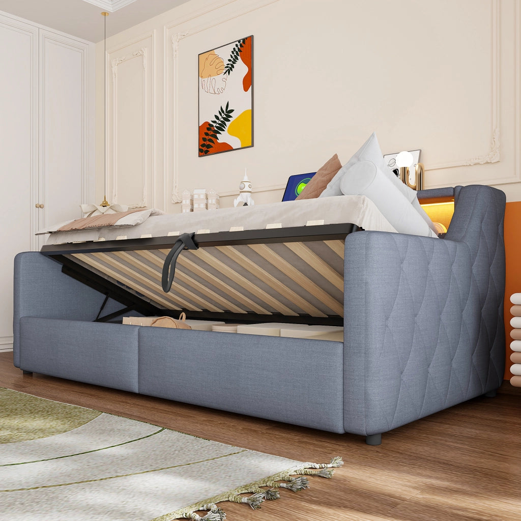 Letto a Divanetto 90 x 200 cm; Contenitore Idraulico; LED; USB e Type-C in Lino; Grigio