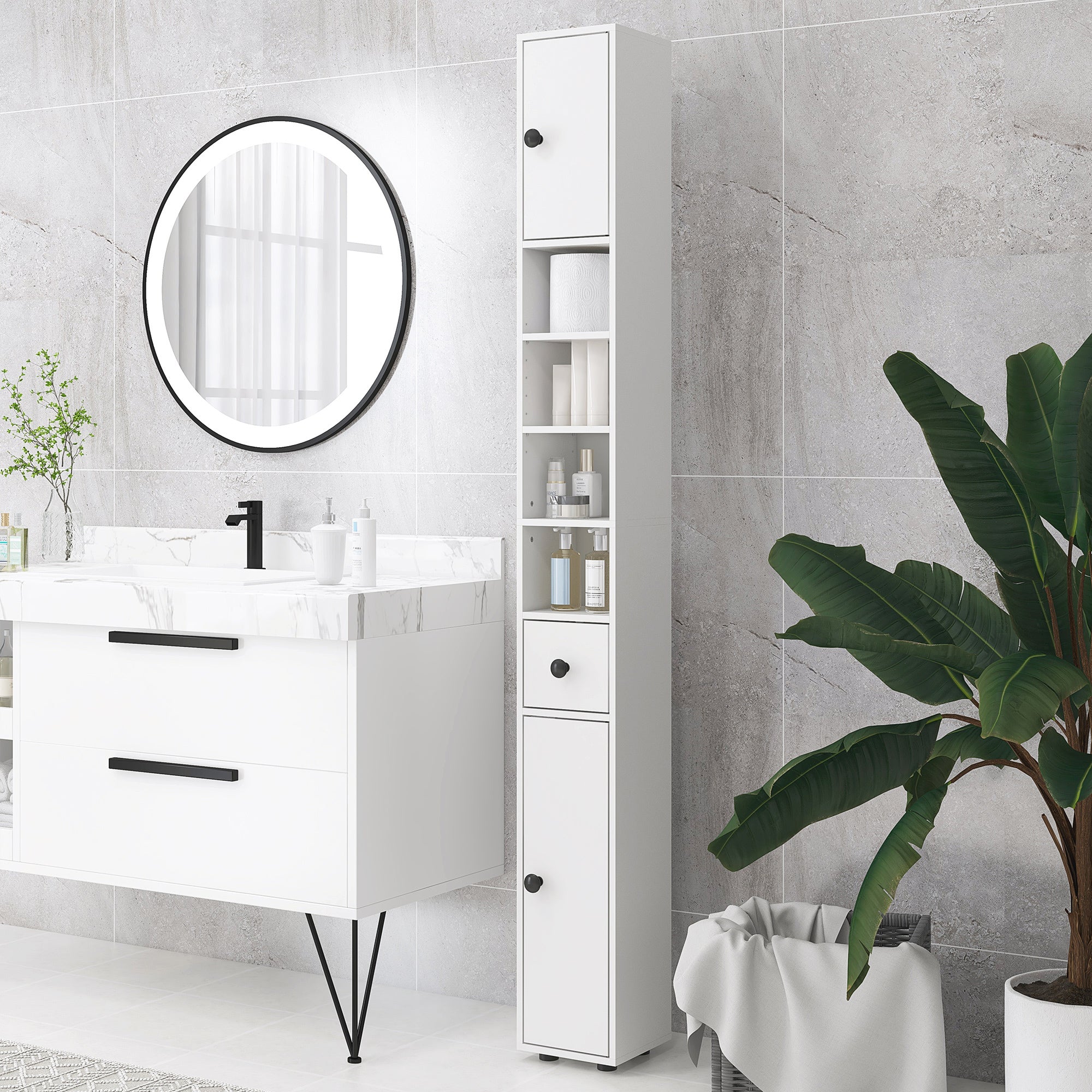 Mobile a Colonna Bagno 20x20x180 cm Design Slim in Legno Bianco