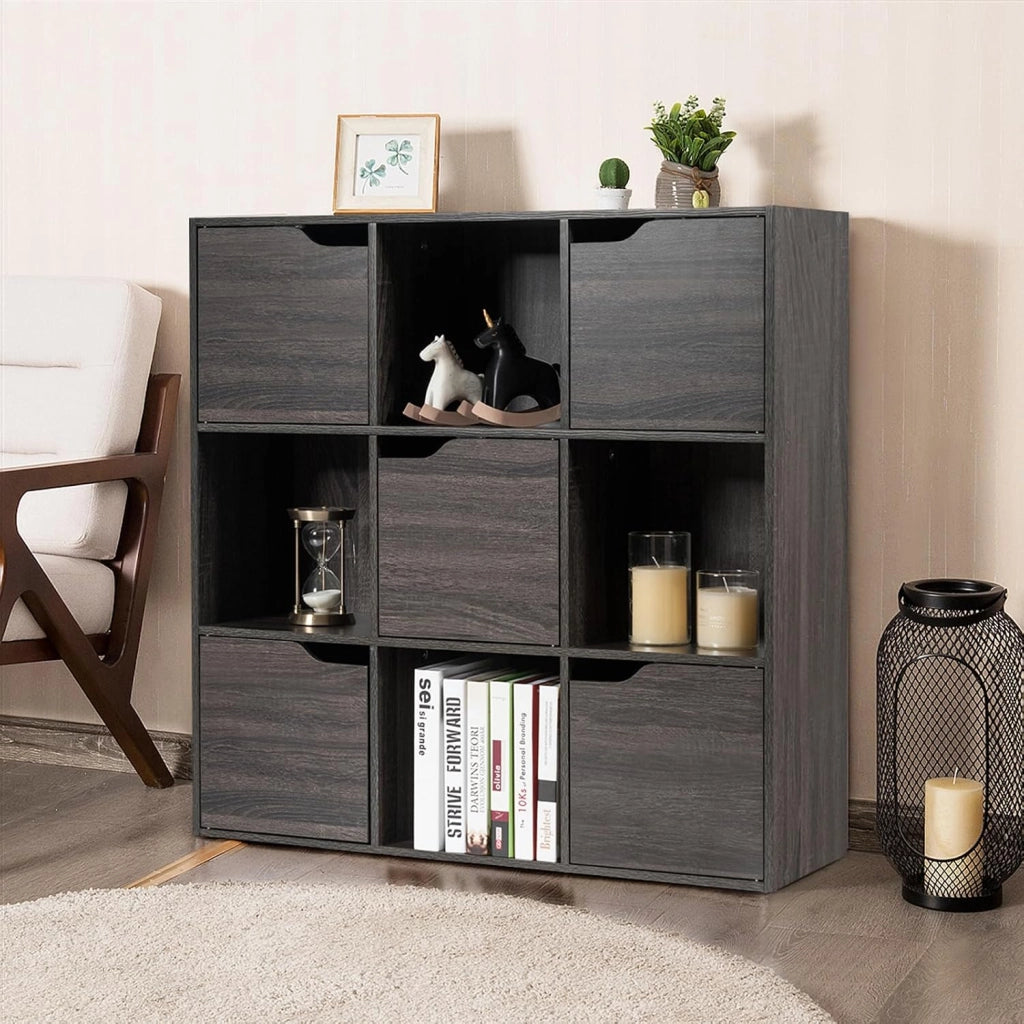 Scaffale Portaoggetti Guardaroba Mensola Libreria in Legno Mobile con 9 Cubi, Scaffale Cubo Porta Libri (Grigio-Marrone)
