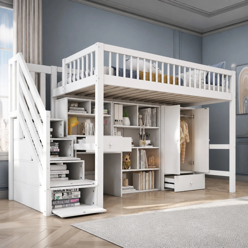 Letto singolo multifunzionale 90x200 cm con scrivania, scale contenitore e armadio, bianco