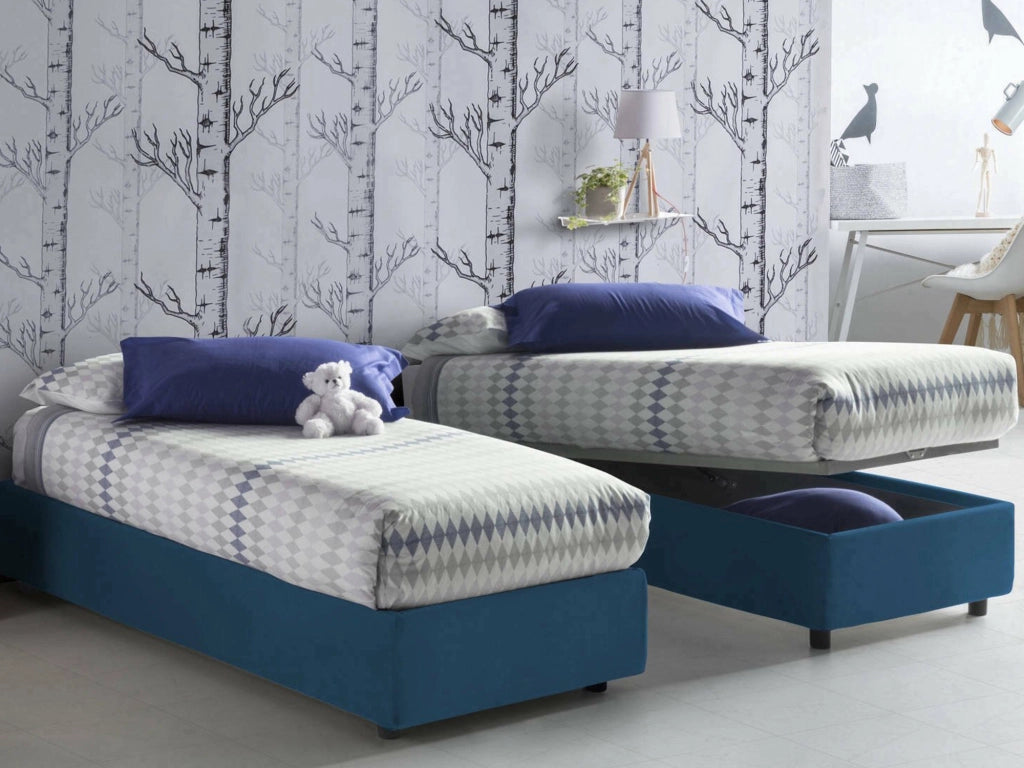 Letto singolo Acrostico, Letto contenitore con rivestimento in tessuto, Made in Italy, Apertura frontale, adatto per materasso cm 90x190, Blu