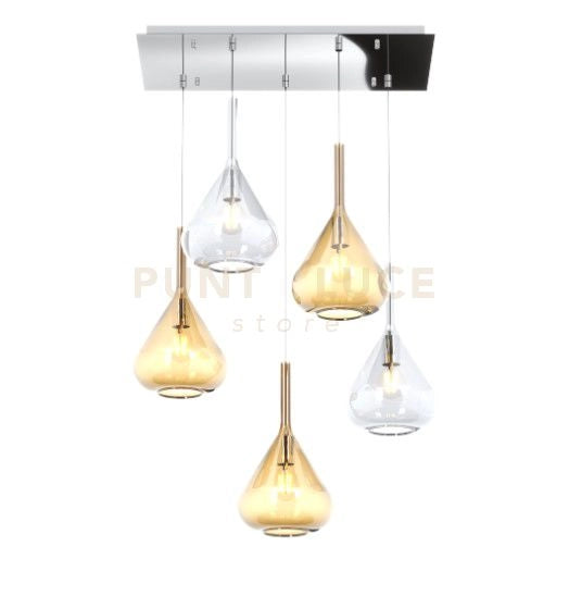 SOSPENSIONE CROMO 5 LUCI RETTANGOLARE VETRI 2X TR + 3X AM 1177CR-S5 R-TA
