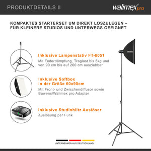 Newcomer 300 Set flash fotografico con potenza di 300 Ws, con radio a 2,4 GHz, softbox 60 x 90 cm e treppiedi per luci, per studio foto video