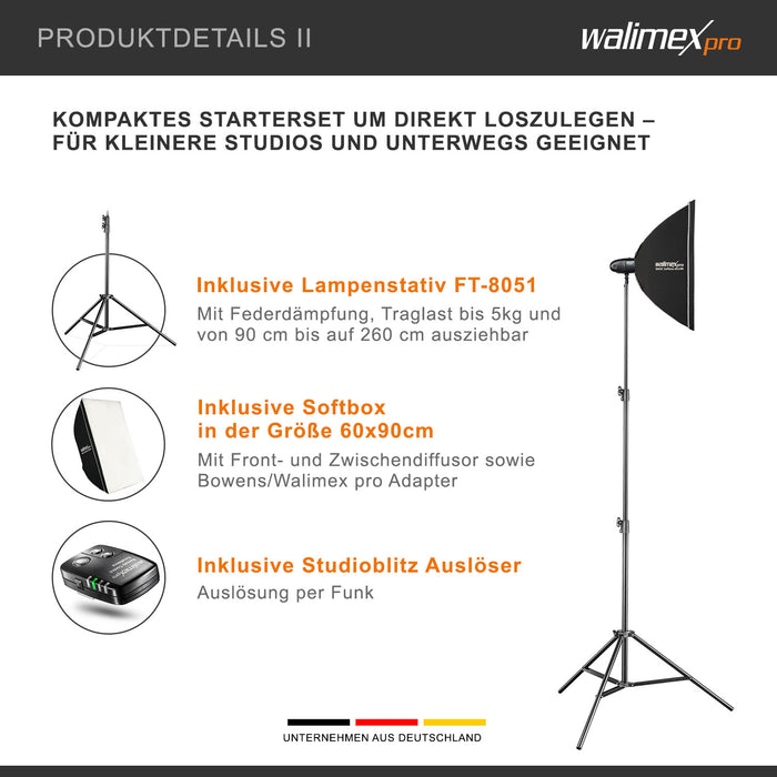 Newcomer 300 Set flash fotografico con potenza di 300 Ws, con radio a 2,4 GHz, softbox 60 x 90 cm e treppiedi per luci, per studio foto video