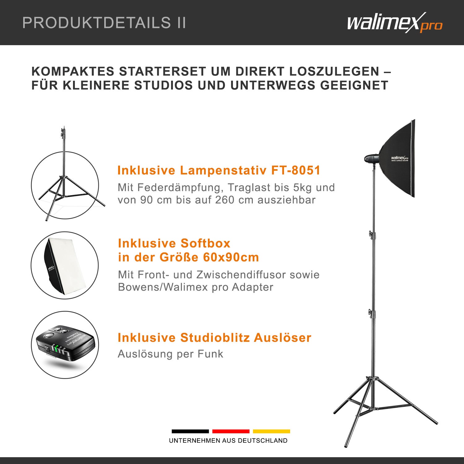 Newcomer 300 Set flash fotografico con potenza di 300 Ws, con radio a 2,4 GHz, softbox 60 x 90 cm e treppiedi per luci, per studio foto video