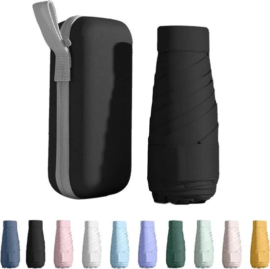 Parasole compattibile da viaggio con protezione UV, dotato di contenitore ermetico, impermeabile e resistente al vento