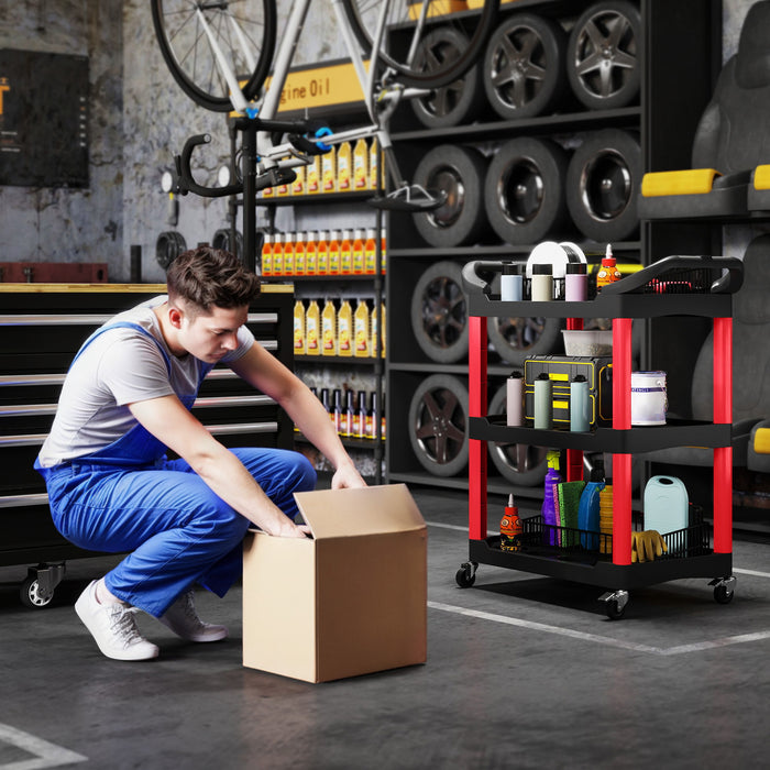 Carrello Porta Attrezzi a 3 Livelli 83x43x97 cm Capacità 91 kg 3 Livelli con Ruote in Plastica Rosso