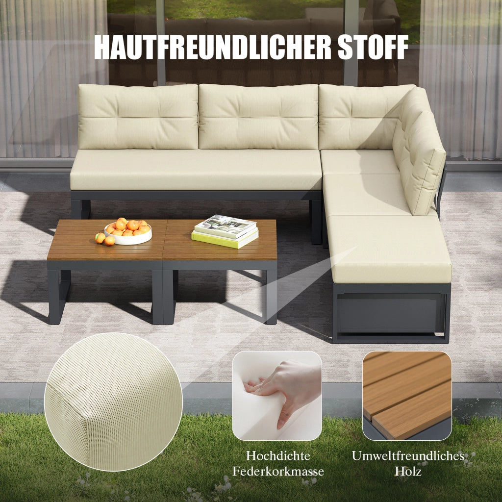 OKWISH Set mobili da giardino divano modulare con tavolino e vano contenitore in poliestere beige