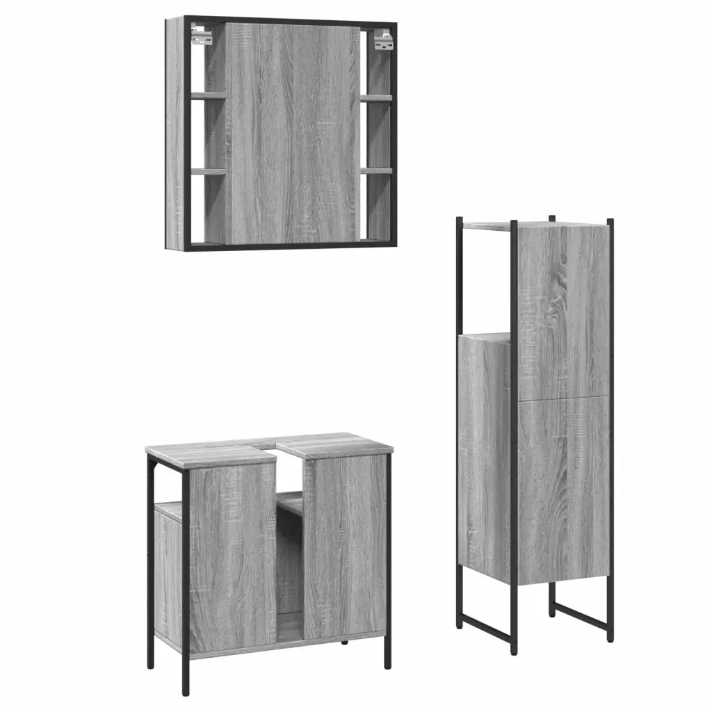 Set Mobili da Bagno | Armadio da bagno 3 pz Grigio Sonoma in Legno Multistrato