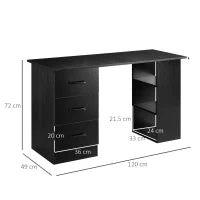 Scrivania Moderna in Legno con 3 Cassetti e 3 Ripiani per Camera e Ufficio, 120x49x72cm, Nero