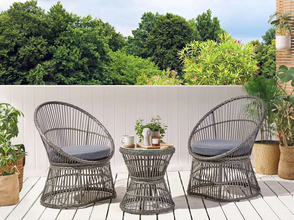 Set di bistrot tavolo e 2 sedie in rattan e vetro temperato tortora balcone terrazzo giardino esterno