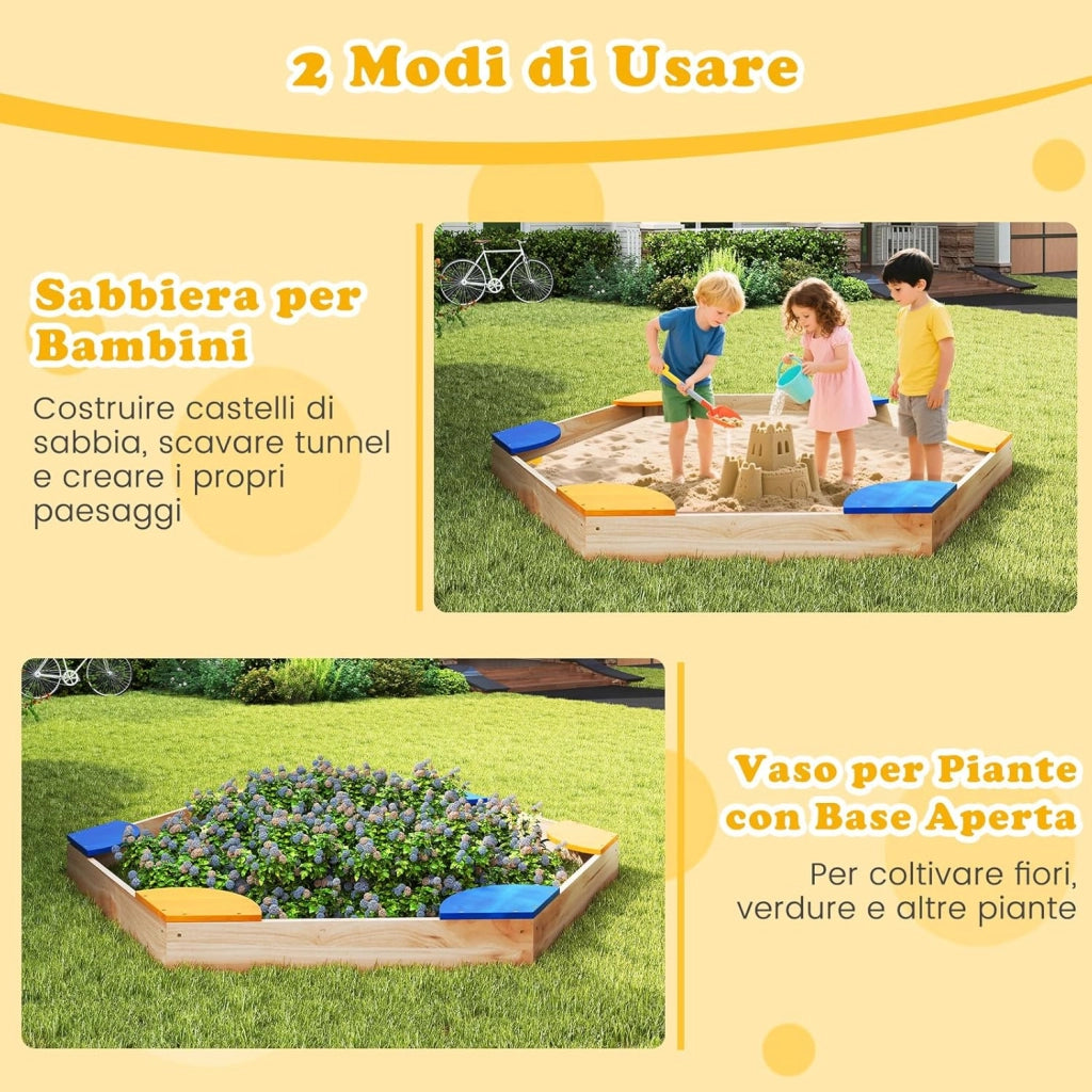 Sabbiera in Legno per Bambini, Combo Piscina di Sabbia e Fioriera Aperta con 6 Sedili per Giardino, 140 x 122 x 14 cm, per Bambini 3 Anni+