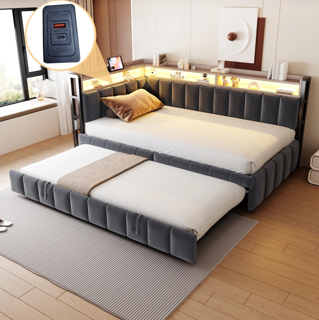 Divano letto estraibile 90x200 cm con LED; USB e USB-C in velluto grigio