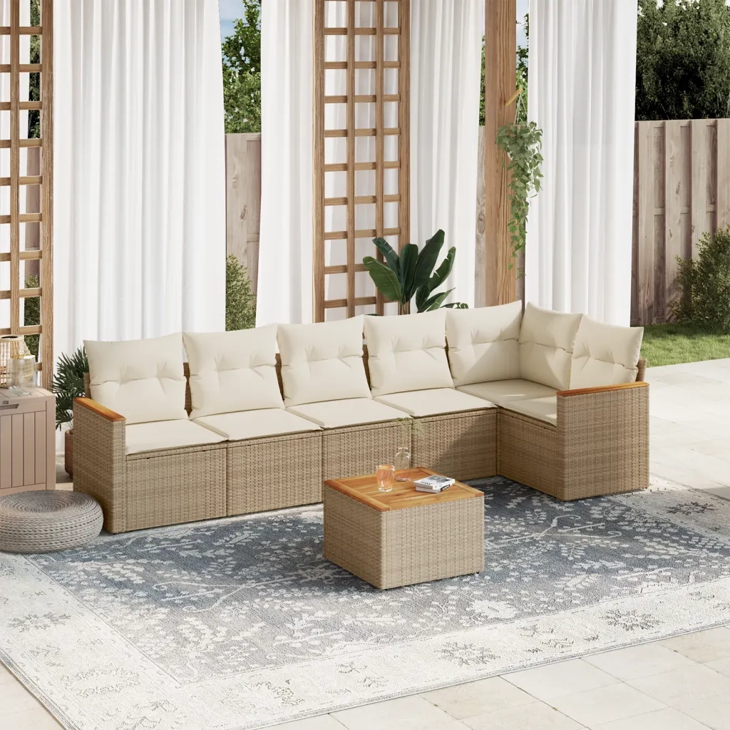 Set Divani da Giardino 7 pz con Cuscini Beige in Polyrattan