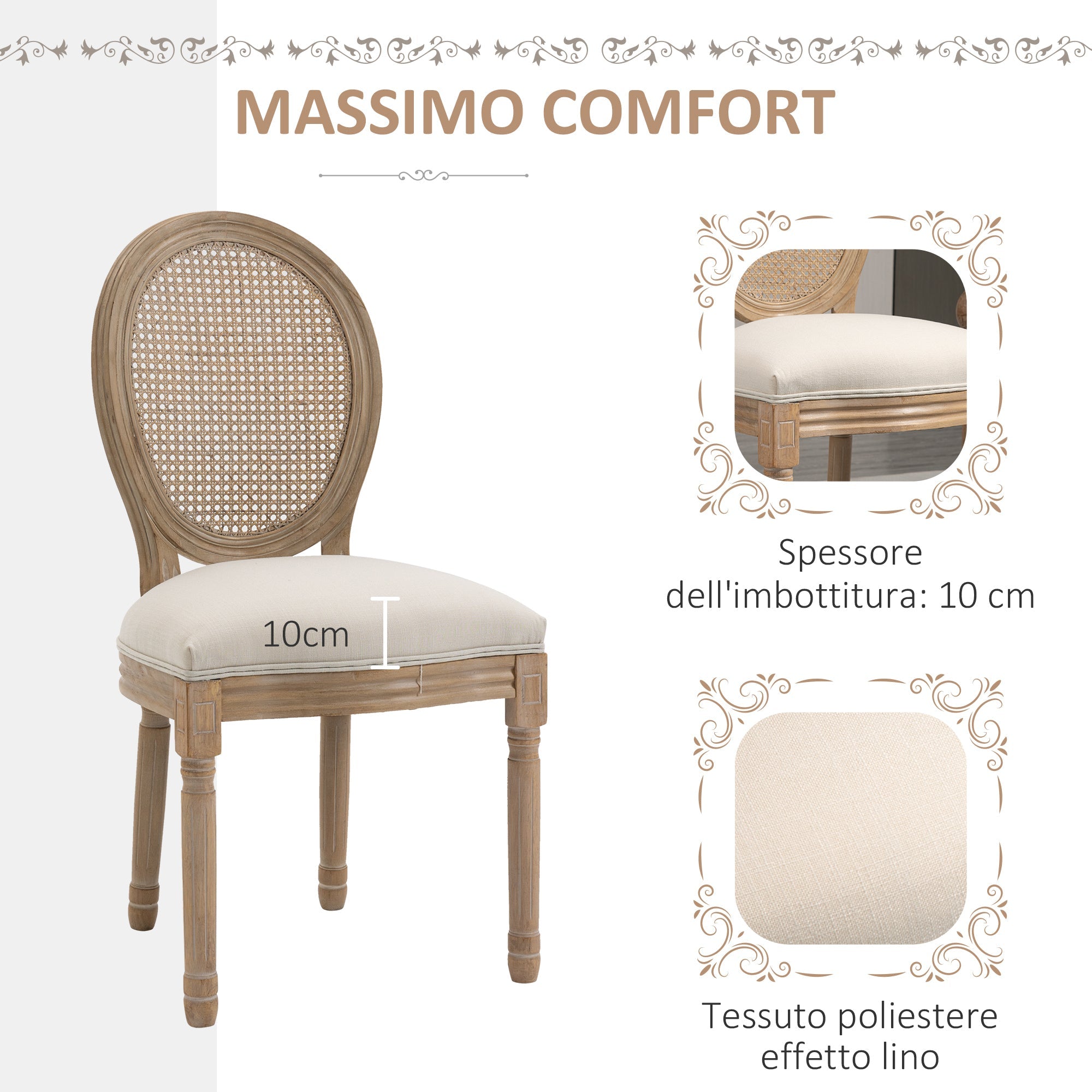 Set 2 Sedie Imbottite 49x56x96 cm in Legno e Tessuto Bianche