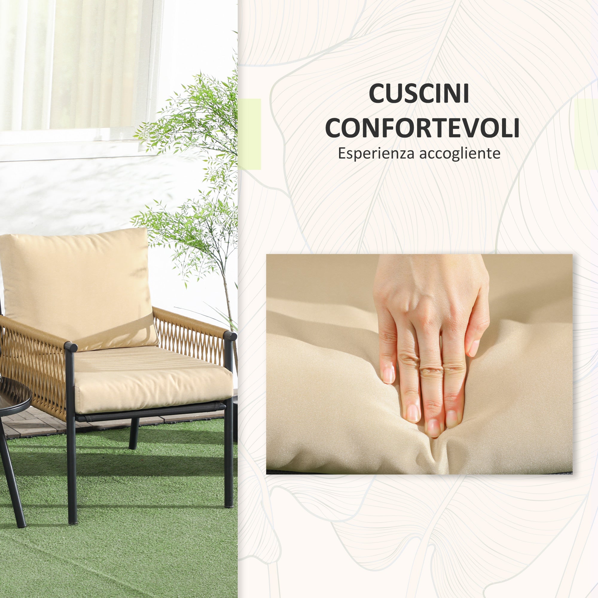 Set Tavolino e 2 Poltroncine con Cuscini da Giardino in Rattan PE Acciaio e Poliestere Beige