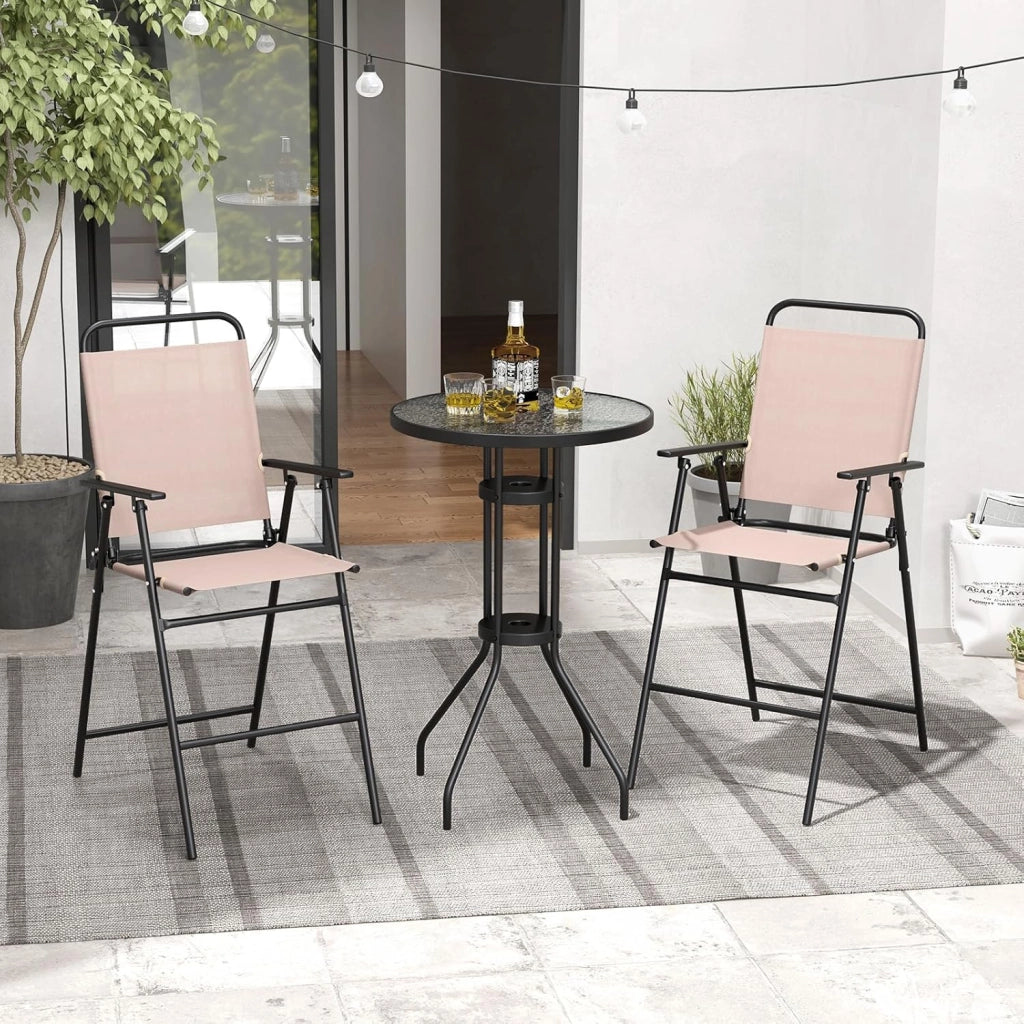 Set da bistrò, tavolo rotondo alto con piano in vetro e 2 sedie pieghevoli, tessuto traspirante, set di mobili per 2 persone, per balcone, terrazza, giardino (senza ombrellone)
