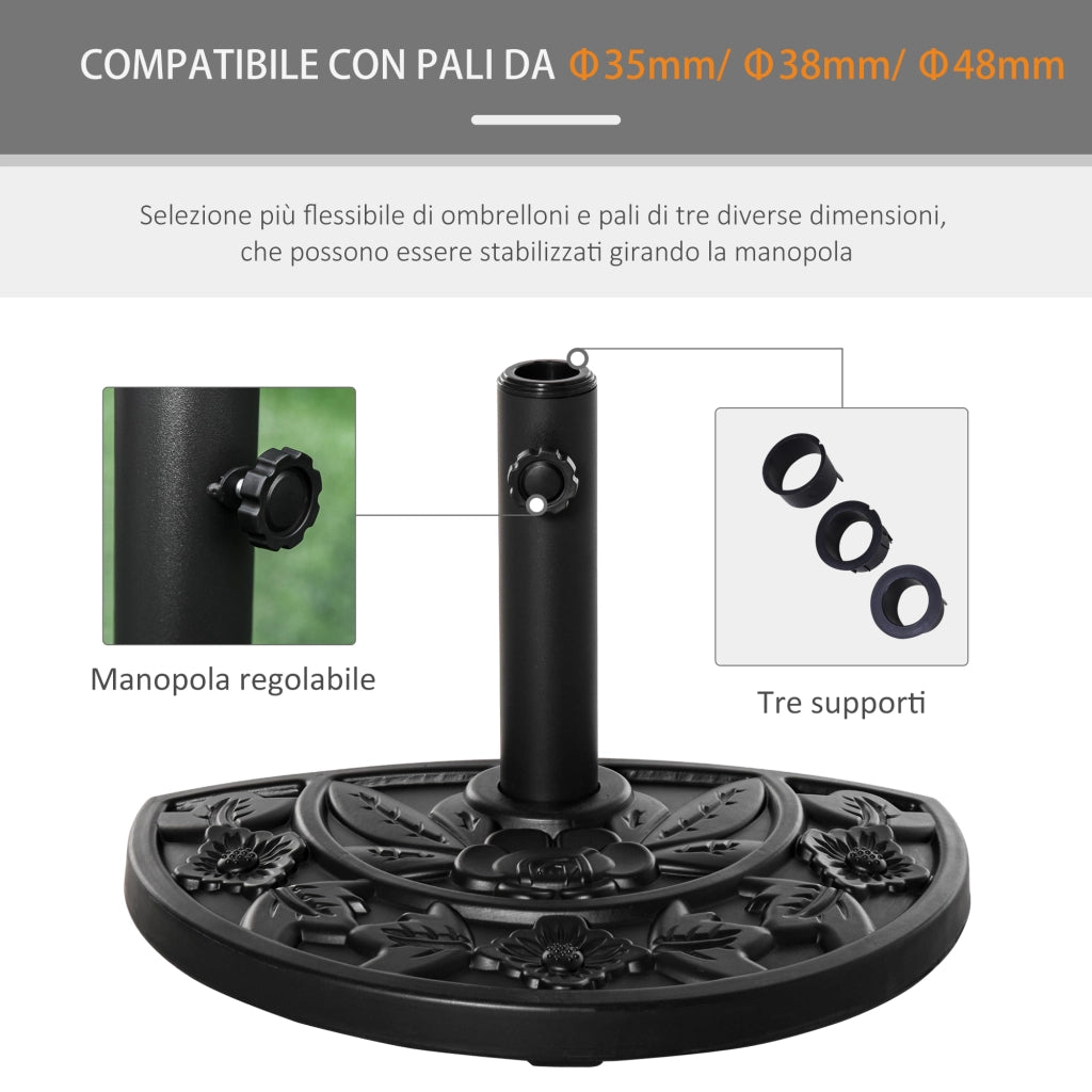 Base per Ombrellone Semicircolare da 9 kg in HDPE, Cemento e Metallo con Motivi Floreali, ?50x32x32 cm, Nero