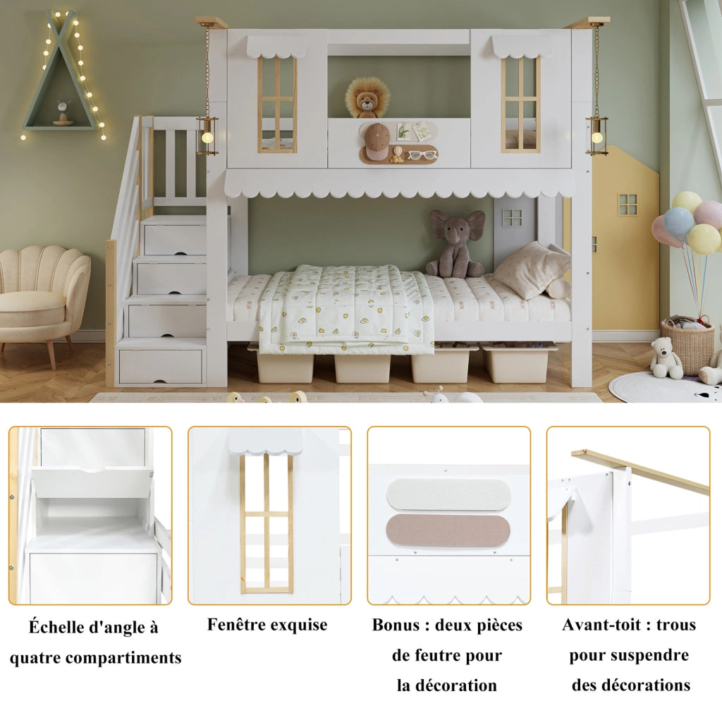 Letto a castello per bambini 90x200 cm con scala contenitore
