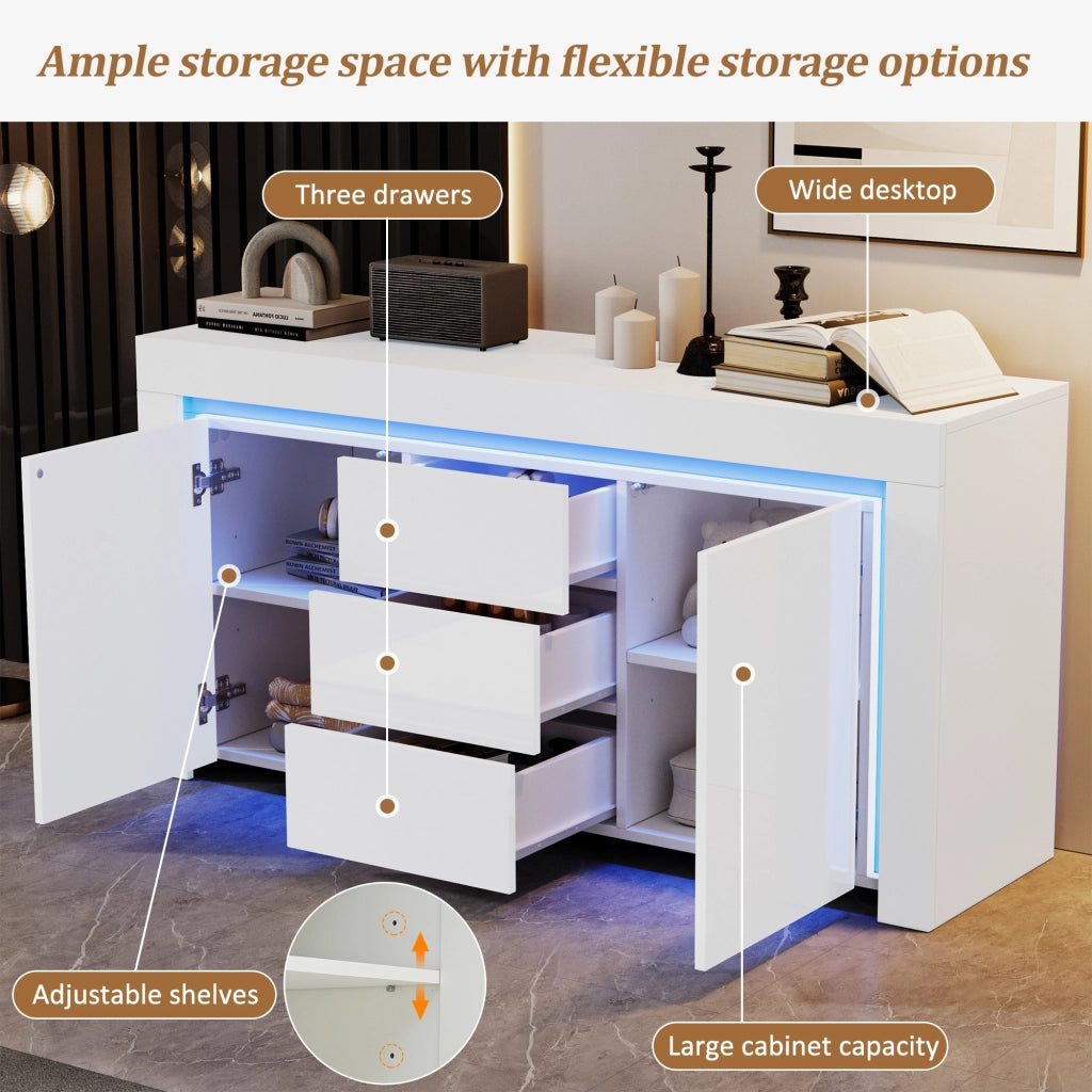 Credenza con 2 ante e 3 cassetti; LED; per soggiorno; in MDF; 140×40×65 cm; bianco