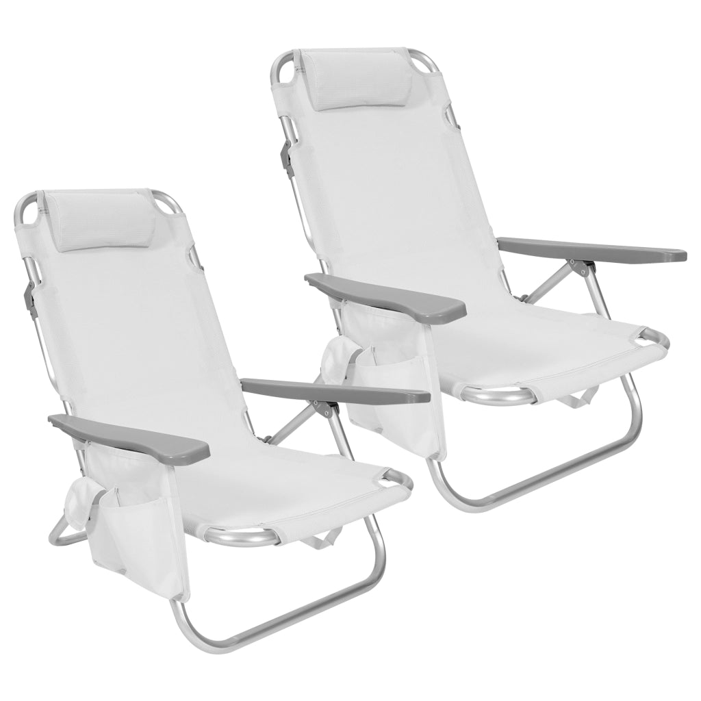 Set 2 Sedie Mare Spiaggine Pieghevoli in Alluminio con Poggiatesta e Tasca Laterale, Sdraio Spiaggia Basse con Braccioli, Tessuto Textilene Traspirante e Resistente, per Mare Campeggio Giardino, Grigio
