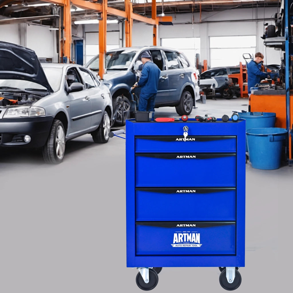 Cassettiera con ruote in acciaio con 4 cassetti e guide a sfere per garage e officina nero blu 60 × 33 × 77,5 cm