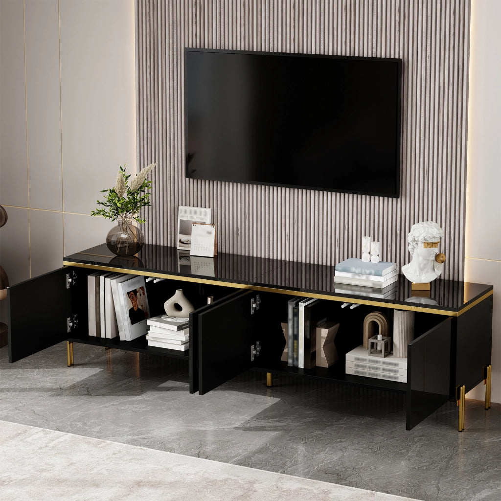 Mobile TV con 4 Ante e Passacavi; Finitura Lucida Parziale; Piedini in Metallo; Stile Minimalista; 170×38×50 cm; Nero
