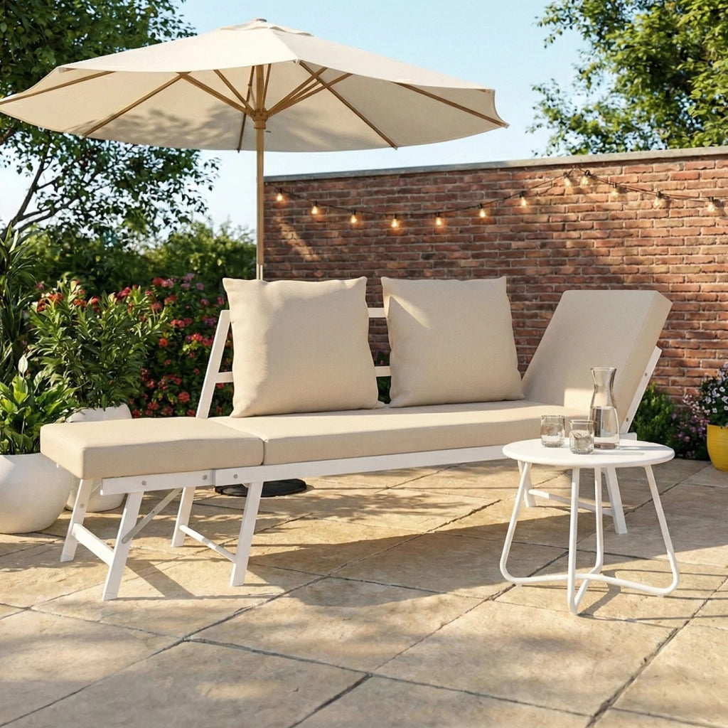 IDMarket - Divano da giardino, panca trasformabile NOLA 2/3 posti con braccioli reclinabili in metallo bianco e cuscini beige