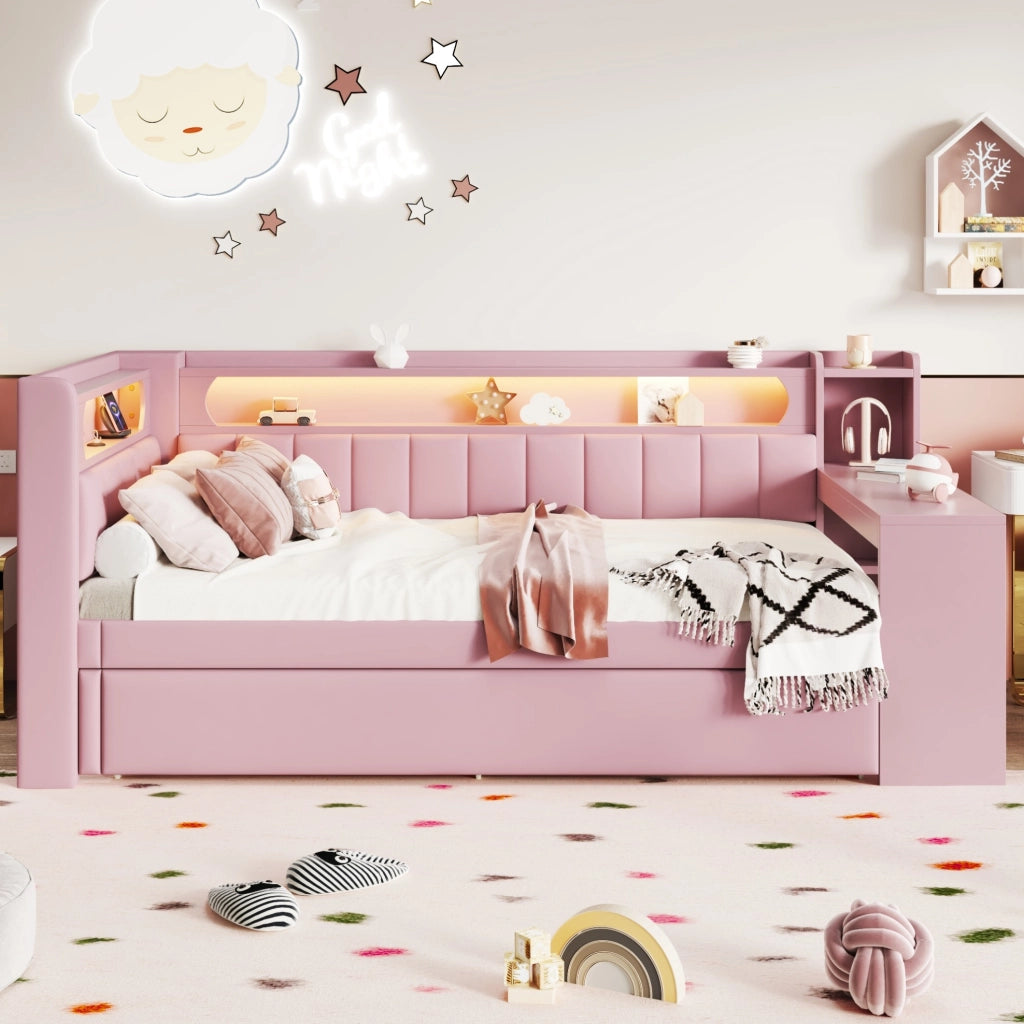 Letto singolo imbottito 90x200 cm con LED, USB e scrittoio
