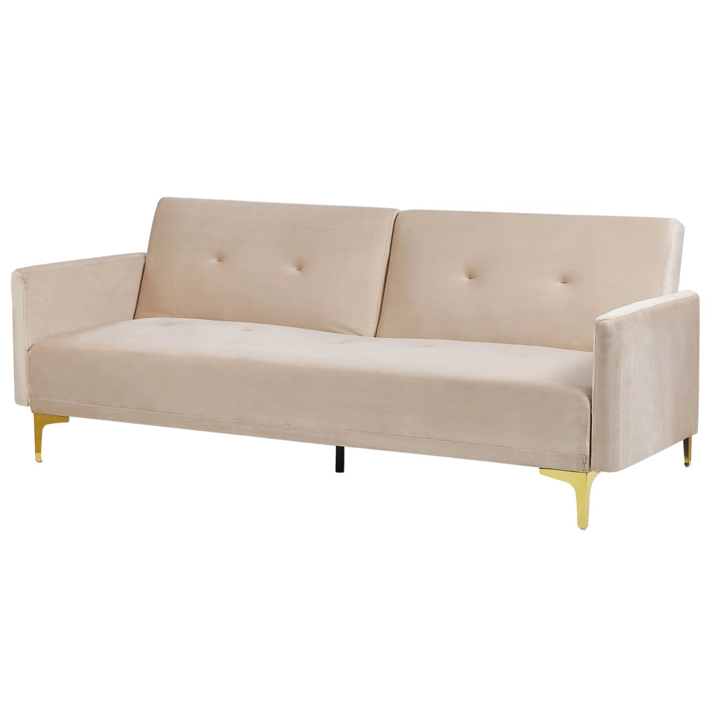 Moderno Divano Letto a 3 Posti Rivestito in Velluto Beige Piedini Cromati