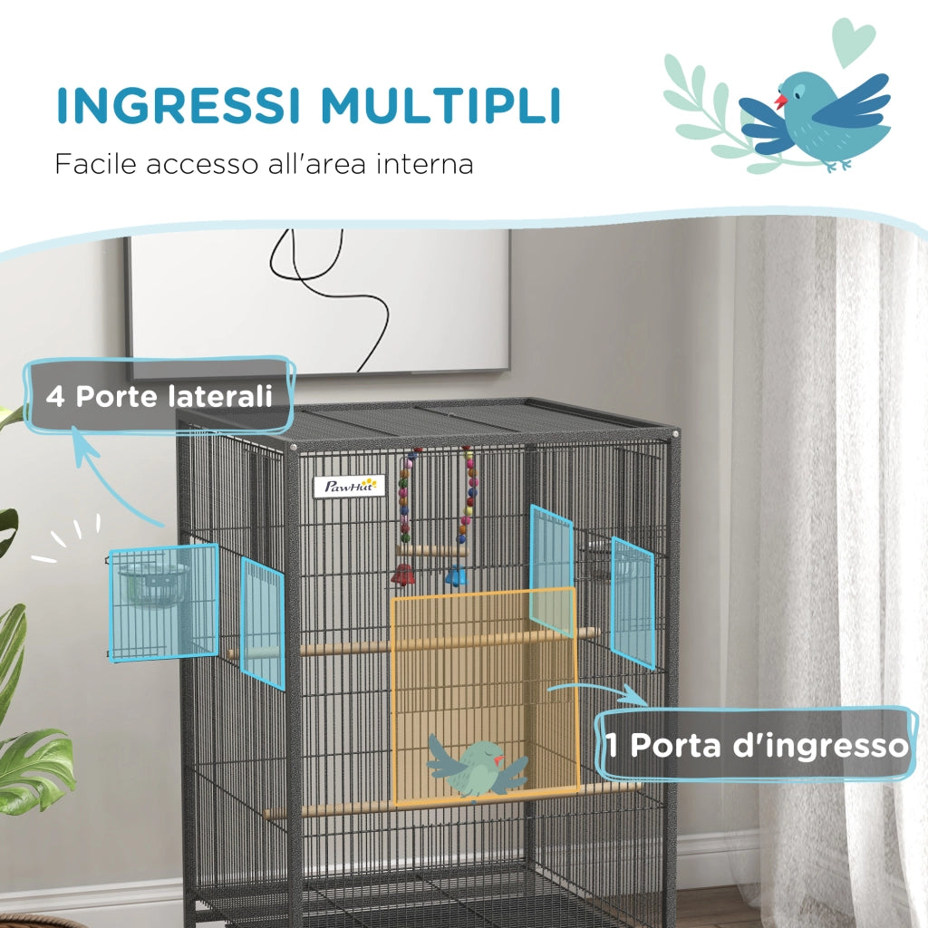 EasyComfort Gabbia per Uccelli in Acciaio e PP con 5 Porte, 2 Posatoi e Vassoio Estraibile, 48x46x74 cm, Grigio
