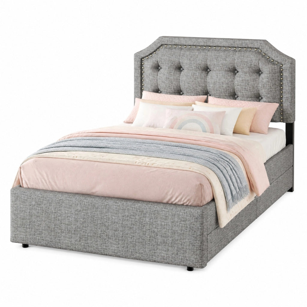 Letto imbottito 90x200 cm in tessuto grigio con testiera regolabile e 2 cassetti