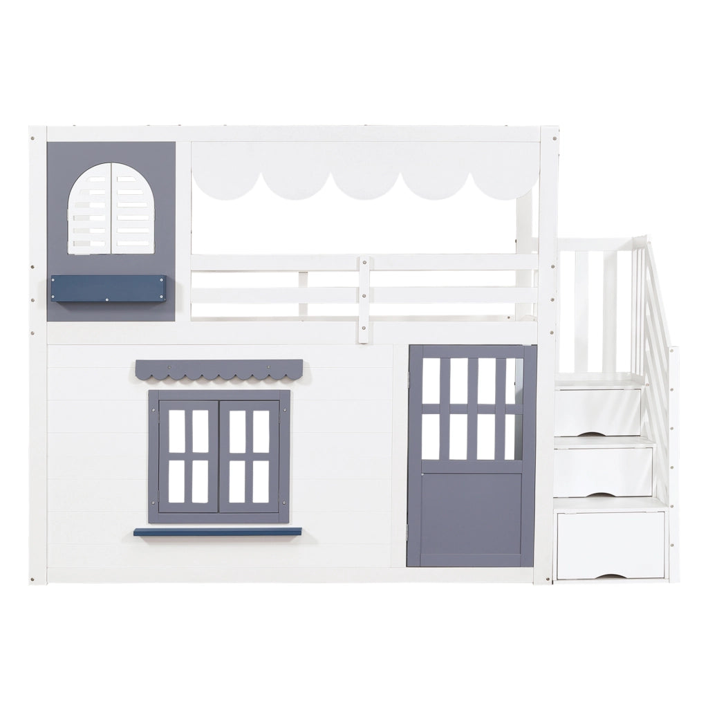 Letto a soppalco per bambini 90×200 cm 1 posto con scala contenitore e porta apribile; senza materasso; bianco e blu