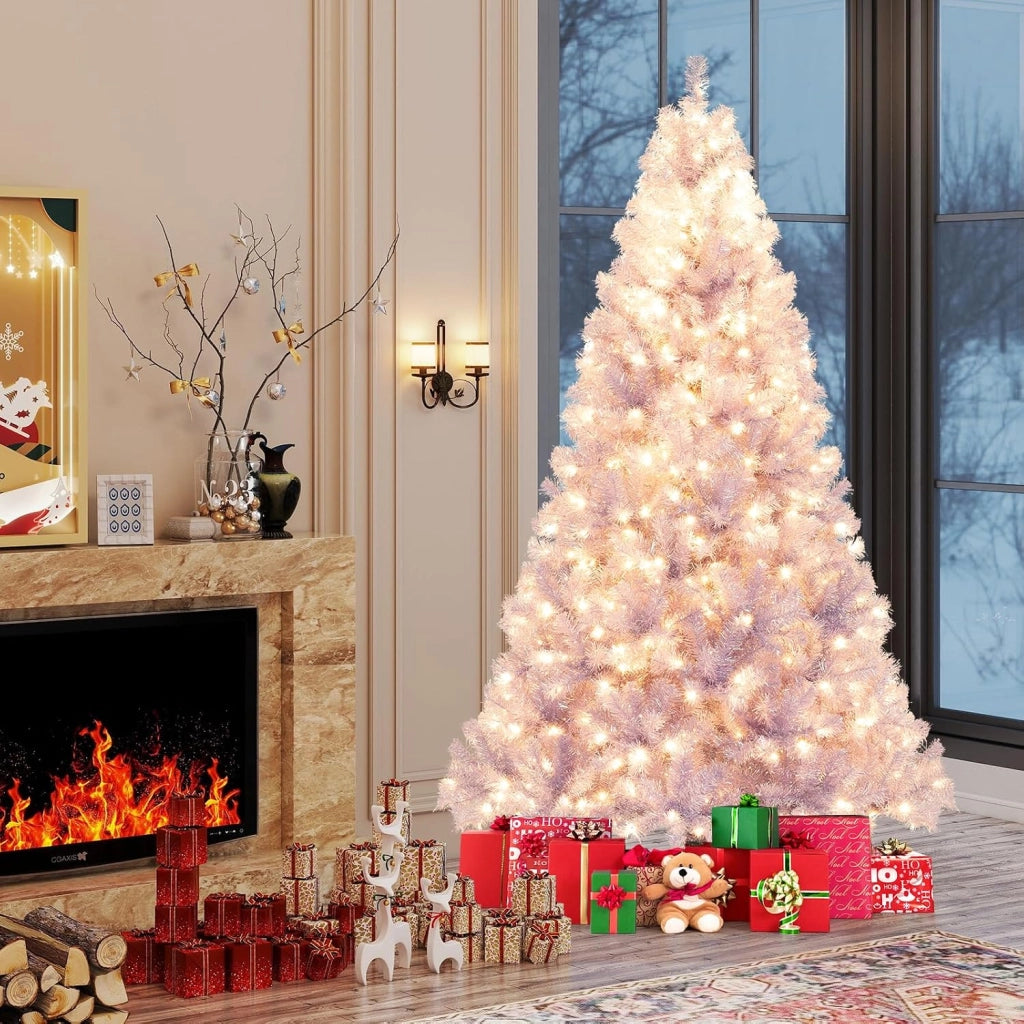 Albero di Natale 225 cm, Albero di Natale Preilluminato con 1300 Rami Folti, 550 Luci LED Bianco Caldo, 8 Modalità e Base, Decorazione Natalizia per Casa e Ufficio (Viola, 225 cm)