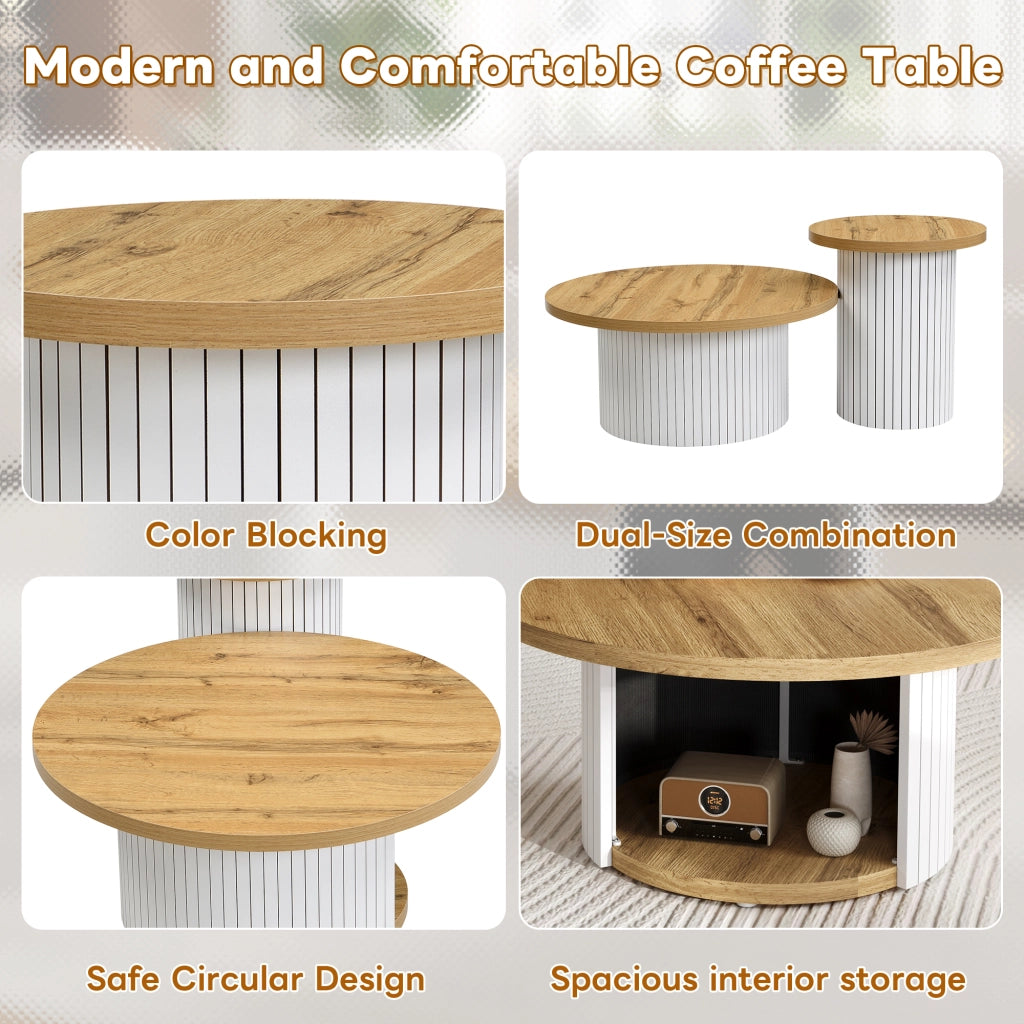 Tavolini da caffè rotondi ad incastro con ripiano; Stile Scandinavo; in MDF; Naturale; 75×75×50 cm + 45×45×35 cm