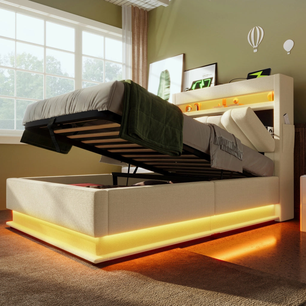 Letto singolo imbottito 90x200 cm con contenitore idraulico; LED; USB e Type-C; lino beige