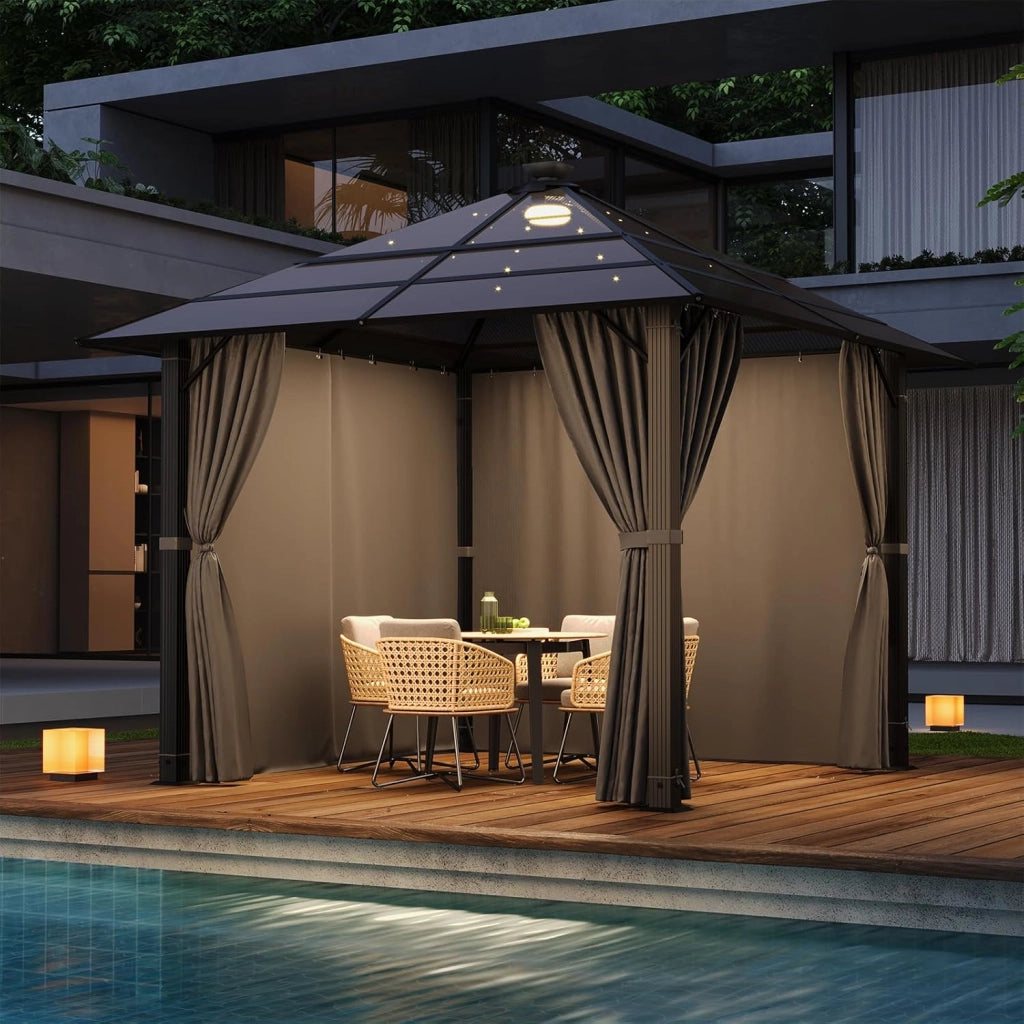 Gazebo 3 x 3 impermeabile con Luce LED, stabile, in alluminio, gazebo da giardino, con tetto fisso, protezione UV, adatto per scene esterne, grigio