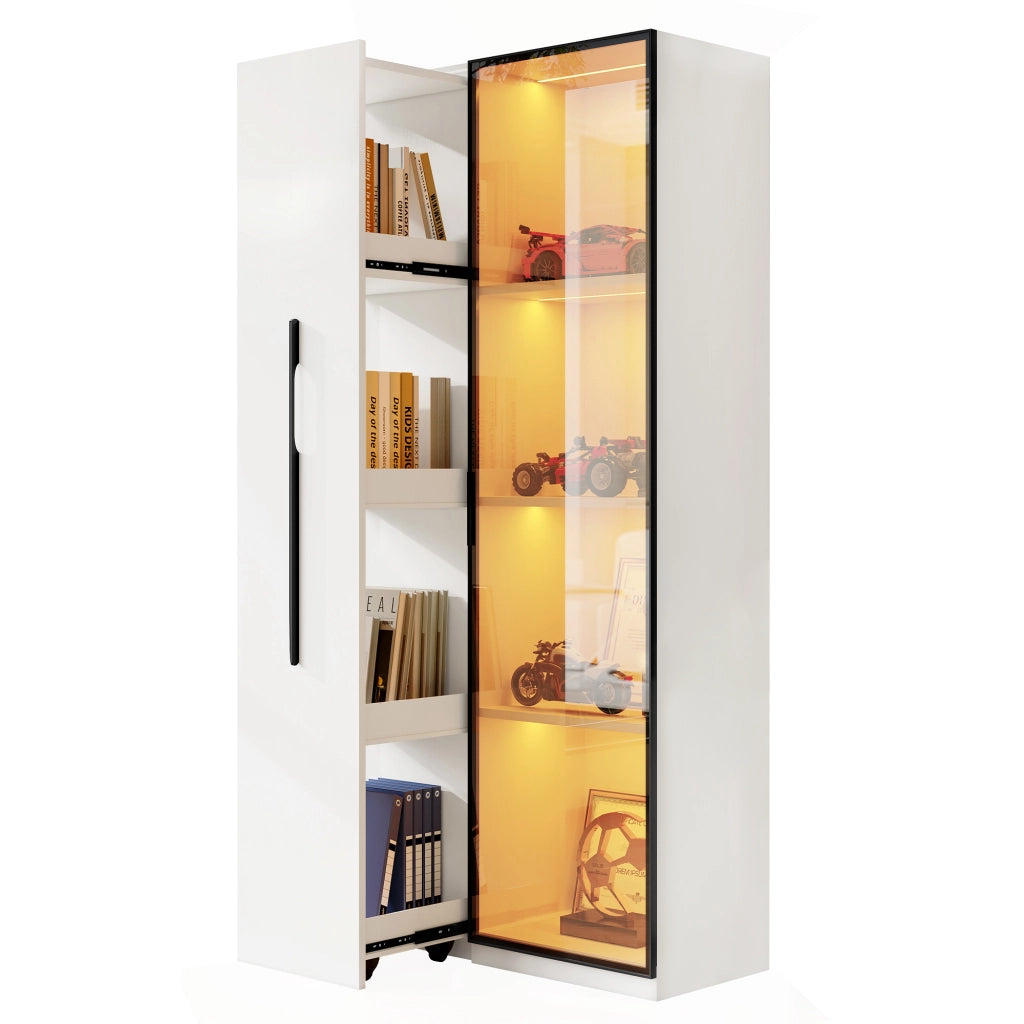 Libreria Vetrina con 1 Porta in Vetro; 1 Scaffale Estraibile; LED; per Soggiorno Sala da Pranzo; MDF; Bianco; 70 × 40 × 160 cm