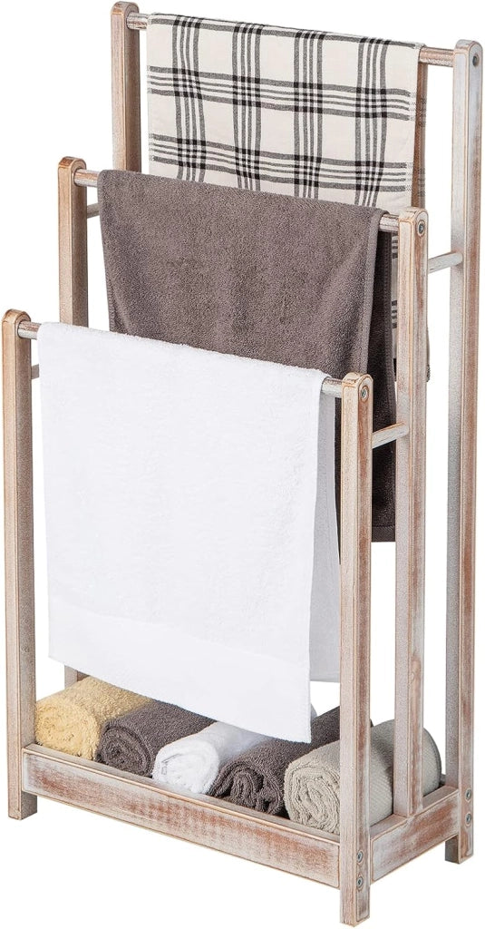 Portasciugamani in Legno da Terra, Porta Asciugamani a 3 Livelli con Mensola Inferiore, Dispositivo Anti-Ribaltamento, Supporto Leggero per Asciugamani da Bagno e Stanza Lavanderia (Bianco)