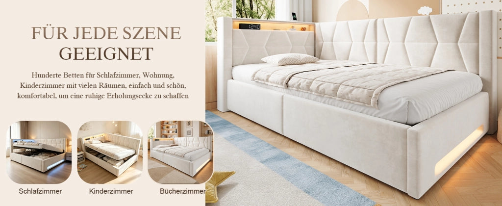 Letto imbottito 90x200 cm con contenitore, LED, USB e Type-C, velluto beige