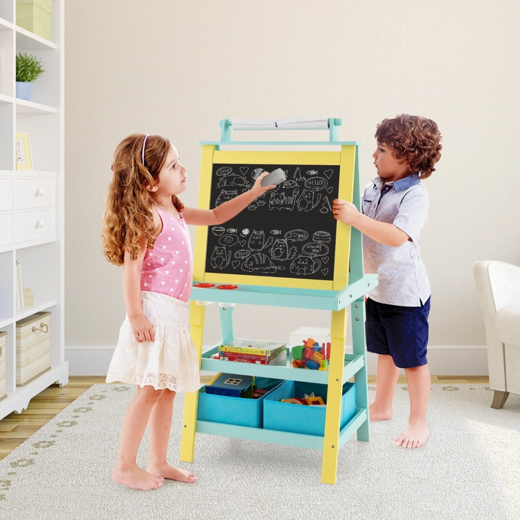 Cavalletto double face 3 in 1per bambini, Treppiede con lavagna bianca e nera e rotolo di carta Giallo e blu-Cavalletti e lavagne bambini