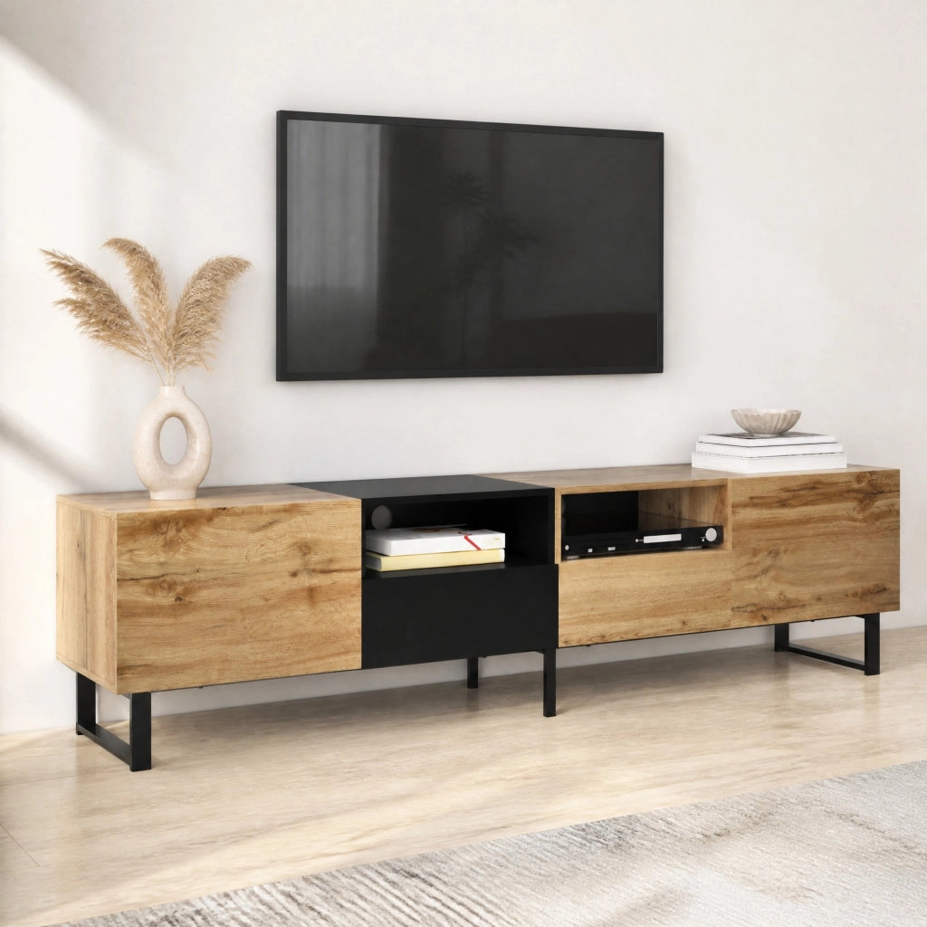 Mobile porta TV con 2 ante e 2 cassetti in MDF, effetto legno naturale e nero, con guide scorrevoli, 190 × 38 × 48 cm