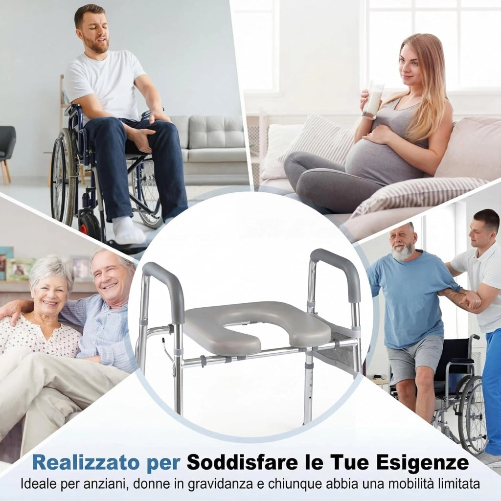 Ringhiera di Sicurezza WC, Barra Bagno con Braccioli Imbottiti, Portacarta Igienica e Tasca Portaoggetti, Altezza Regolabile in 5 Posizioni, Rialzo WC per Anziani, Donne Incinte e Pazienti
