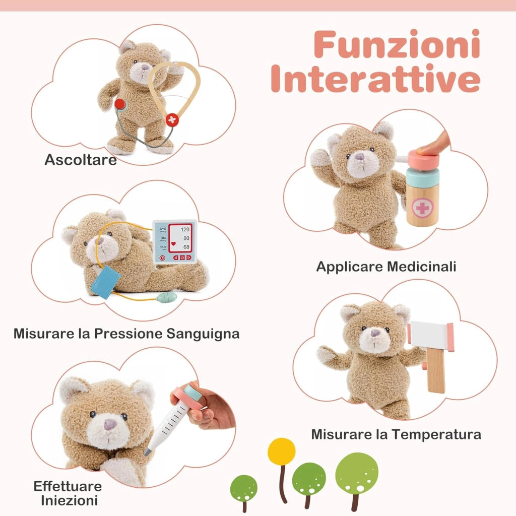 Set da Gioco Dottore in Legno, Centro Medico per Bambini con Orologio, Lavandino, Tabella Oculistica, Monitor ECG, Area Esame e 24 Accessori Giocattolo, 97 × 30,5 × 88 cm (Rosa)