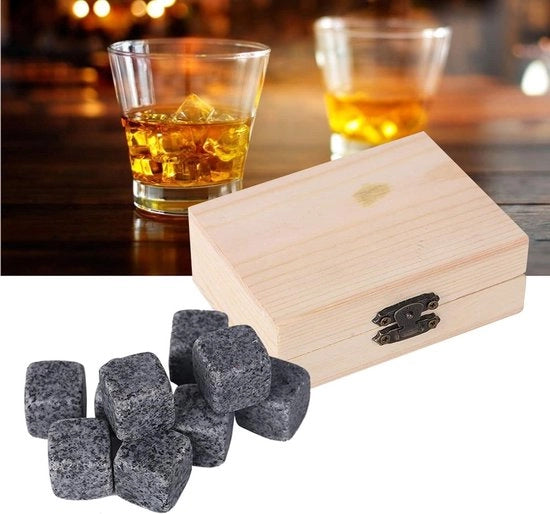 Pietre di Raffreddamento per Whisky in Scatola di Legno - Set da 9 - Raffredda il Drink a Casa con Pietre di Raffreddamento - Scatola di Legno in Legno Grigio - Imballo a Bar Set